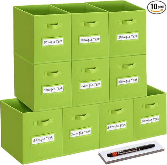 11x11 storage cube bins (Set of 10) Foldable Fabric storage cubes with 10 Labels Window Cards & a Pen,11 inch cube storage bin,Closet Organizers for Shelves,Cubby Organizer Boxes,lime green