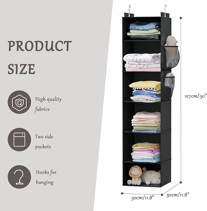 Hanging Closet Organizer and Storage with Bamboo Support, 6-Shelf Closet Hanging Storage Shelves, Closet Organizers Easy Mount Foldable for Bedroom(Black)