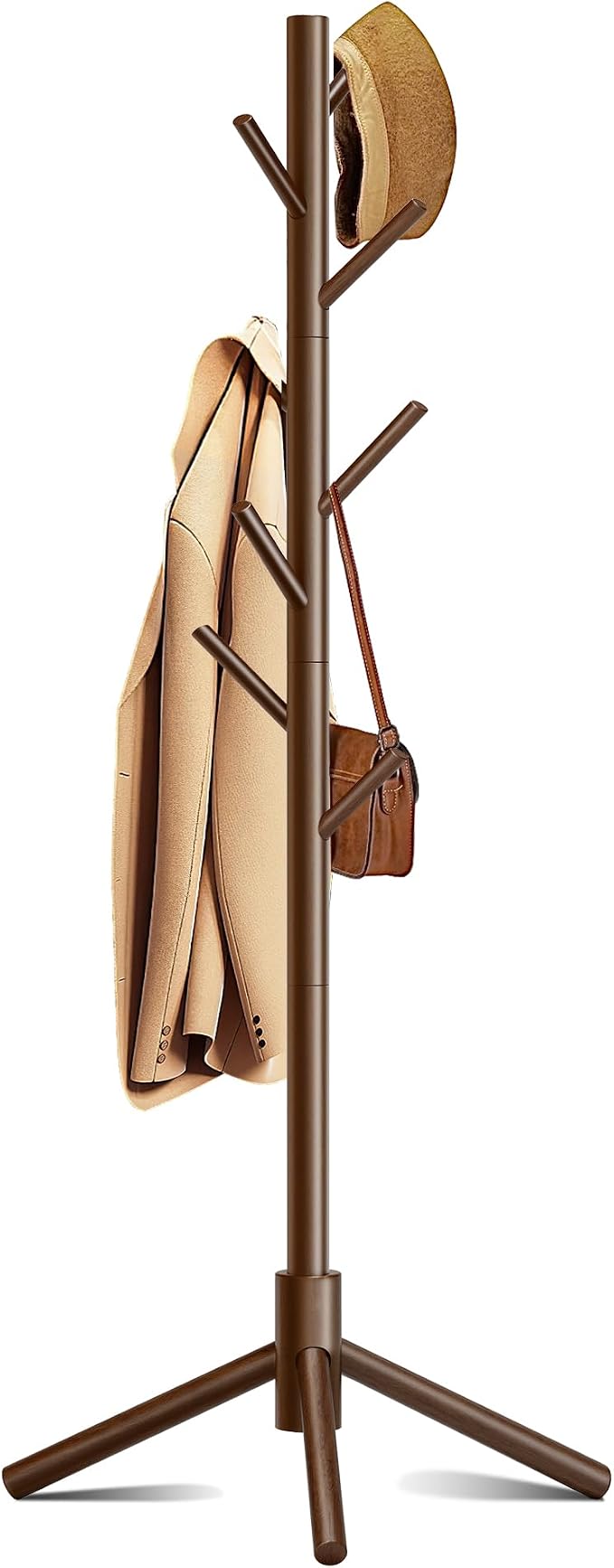 8-Hook Freestanding Coat Rack 3 Adjustable Heights Sturdy Brown | Easy Tool-Free Setup,Ideal for Entryway Bedroom Hallway Office,Holds Clothes Hats Handbags,Space-Saving Vertical Design