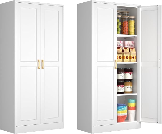 Polup 60" White Metal Kitchen Pantry Storage Cabinet with Doors and Shelves | Freestanding Cupboard, Cold-Rolled Steel, 4-Tier Heavy Duty, Adjustable Shelving, Gold Handles, for Garage Office & Laundry