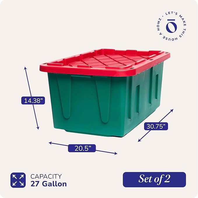 HOMZ Durabilt Plastic Storage Bins with Lids, 27 Gal, Red/Green, 2 Pack | Heavy-Duty Large Stackable Container Seasonal Boxes for Home, Attic, and Garage Organization