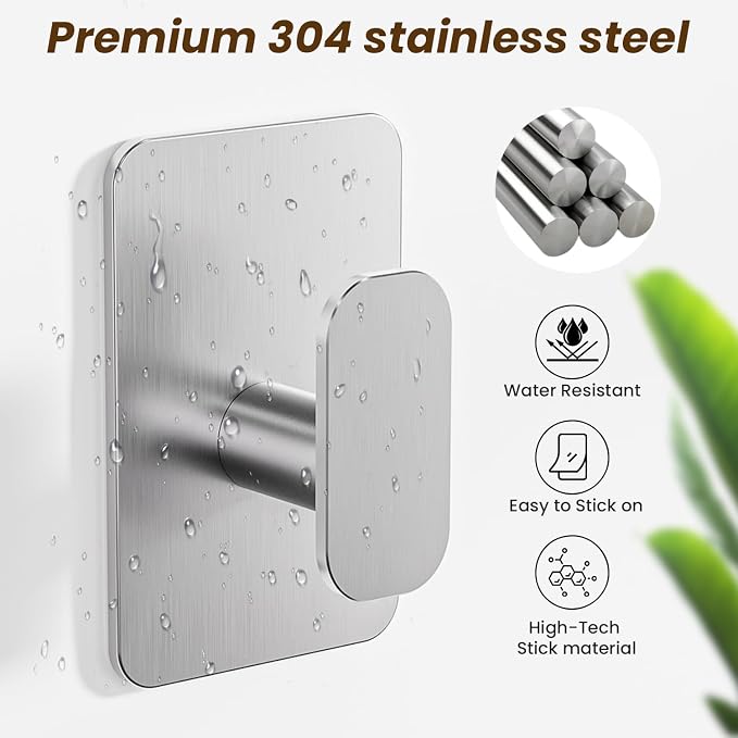 Large Heavy Duty Wall Hooks - 26lb Max, Stainless Steel Adhesive Towel Hooks for Hanging Towel, Coat, Robe, Hat, Sticky Towel Holder for Wall Mount in Bathroom, Shower, Kitchen(Silver, 2 Pack)