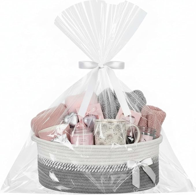 Colingmill 1 Set Woven Empty Basket for Gift,Gray White | with Cellophane Wrap Set, 14 x 10 x 5.5 Inch, Medium Decorative Gift Basket, Cotton Rope Storage Box, Home Decor