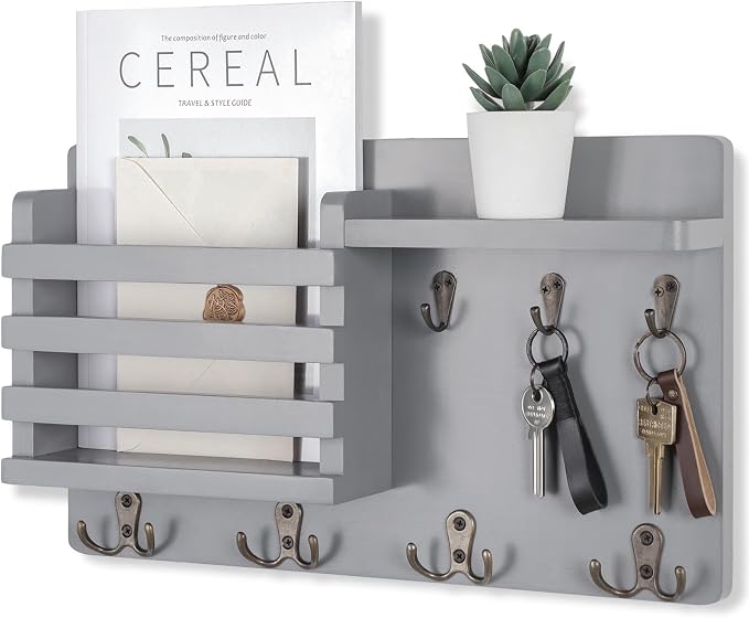 Nekon Mail Holder for Wall Mail Organizer with Key Hooks Hallway Farmhouse Decor Storage Racks with Floating Shelf and Flush Mount Hardware (16.8Inch x 10Inch x 3.2Inch) (Gray)