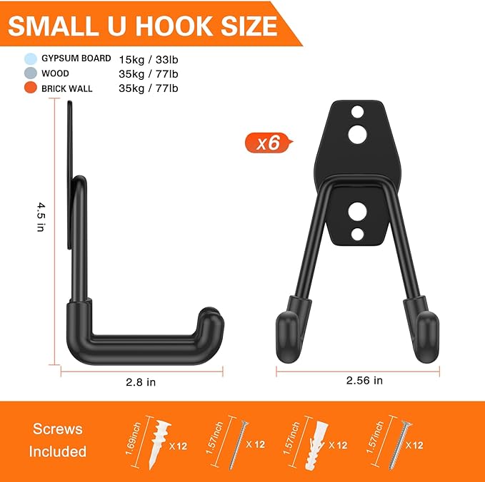 HUPBIPY Heavy Duty Garage Hooks 6 Pack, 2.8 inch Small U Shaped Hanger, Wall Mounted Storage System, Power and Garden Tool Organizer, for Hanging Ladders, Hose, Bulk Items and More