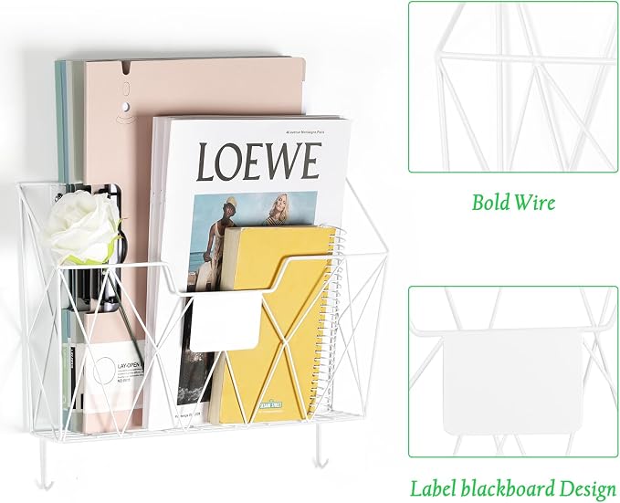 Wall File Organizer for Office, 6 Pack Metal Wall Baskets Wall File Holder | Hanging File Organizer with Hooks, Tag Slot, Mail Organizer Wall Mounted, Paper Document Magazine Organizing, Save Space