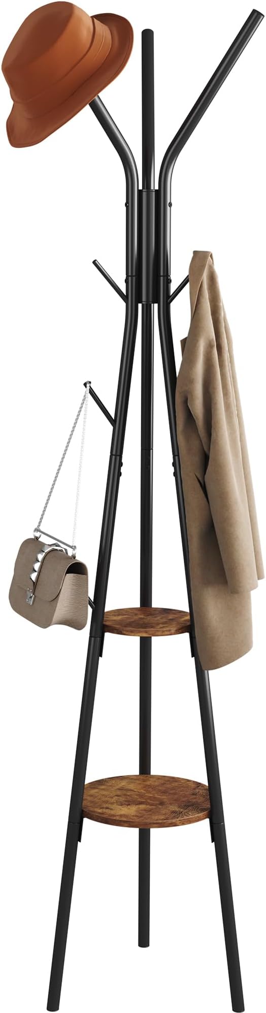 HOMEFORT Coat Rack, Coat Hanger Stand with 2 Shelves, Freestanding Hall Tree, Metal Hat Hanger with 12 Hooks for Clothes Hats and Scarves, Black and Rustic Brown,15.7" Wx15.7 Dx72.8H