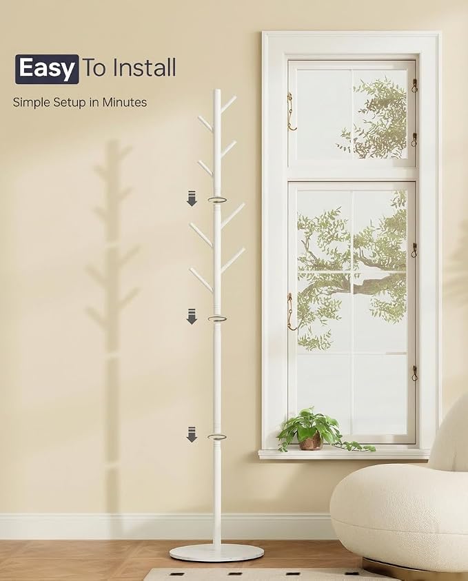 Coat Rack with 8 Hooks, 3 Adjustable Heights, Modern Hall Tree, Sturdy Metal Clothes Stand with Sintered Stone Base for Entryway, Office, Bedroom, for Coats, Hats, Handbags and Scarves, White