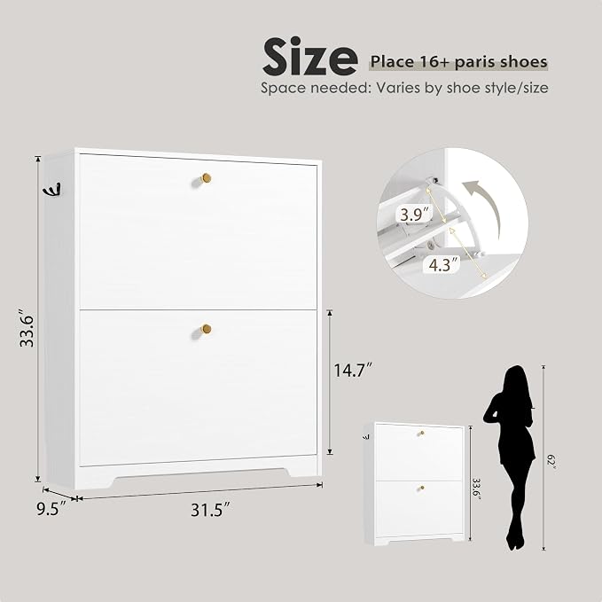 Nicetree Shoe Cabinet with 2 Flip Drawers, Modern Entryway Organizer, White | Narrow Shoe Organizer, Freestanding Shoe Rack Cabinet, Modern Shoe Storage Cabinet for Entryway, Hallway, Foyer, With Hook