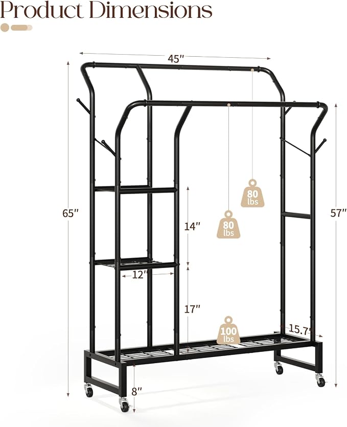 Yoobure Double Rods Clothes Rack - Portable Clothing Rack with Wheels, Rolling Garment Rack with 3-Tier Shelves & 4 Hooks, Freestanding Clothing Racks for Hanging clothes, Coat Rack for Closet Bedroom