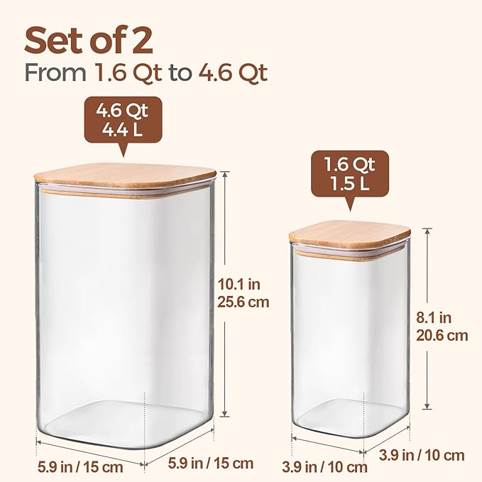 ComSaf Glass Storage Containers with Bamboo Lids 1.6/4.6 Qt 2 Pack | Pantry Organization, Flour Sugar Coffee Beans, Pasta Cereal Dry Food, Large Capacity, Cabinet Organization, Food Storage Jar