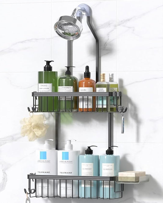 YASONIC Never Rust Shower Caddy Hanging, Aluminum Shower Racks for Inside Shower, 2-Tier Shower Organizer Hanging Over Shower Head with Hooks and Soap Holder, Grey