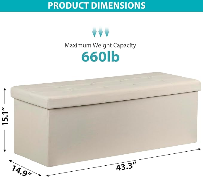 ZenStyle 43Inches Storage Ottoman Bench, Folding Footrest Padded Seat, Storage Chest Long Shoes Bench with Divider, Holds up to 660 lbs, for Living Room, Entryway, Bedroom (Beige, 43 inches)