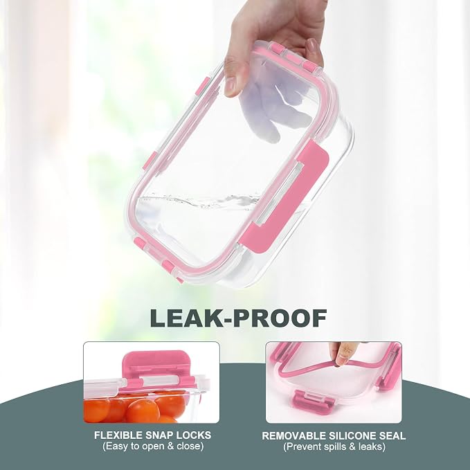 10 Pack Glass Food Storage Containers with Lids, Pink | Meal Prep Containers Set, Airtight Glass Lunch Boxes, BPA-Free, Freezer, Oven, and Microwave Safe