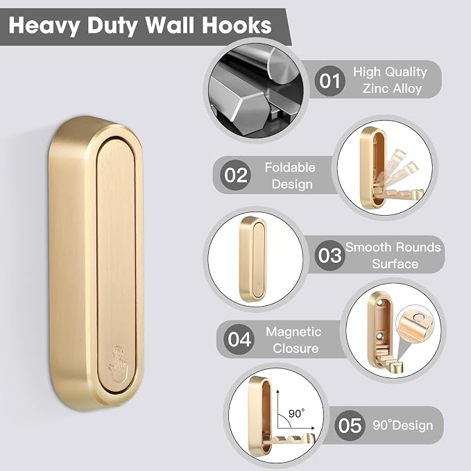 Folding Coat Hooks, Gold, 6 Pack, Wall Hook, Hanging Towels Clothes Bag | 90° Foldable Design, Foldable Hook Wall Mounted, Includes Screws And Anchors, For Hanging Coats Towels Hat Bags Keys