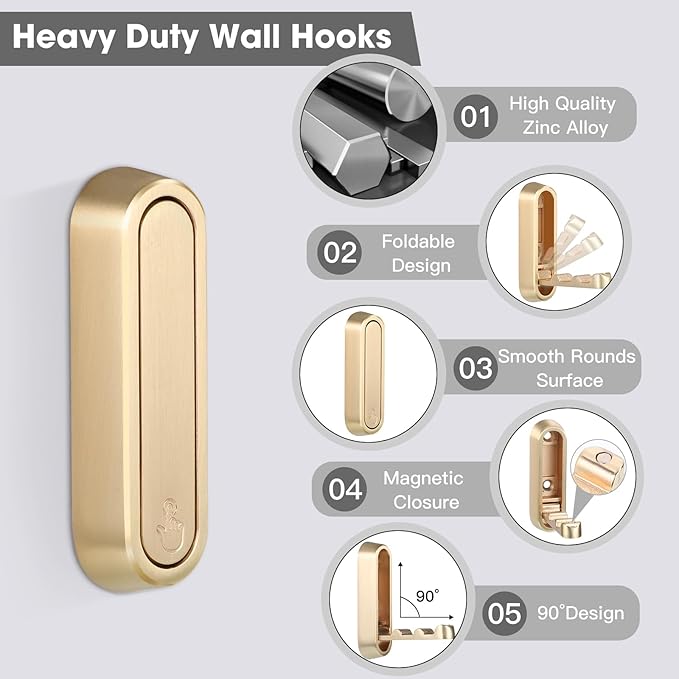 Foldable Wall Hook, Gold, 4 Pack, Screw Mounted, Heavy Duty Coat Hooks | 90° Foldable Design, Wall Mounted, Zinc Alloy, Flip-Down Design, Includes Screws And Anchors, For Bedroom, Entryway, Closet