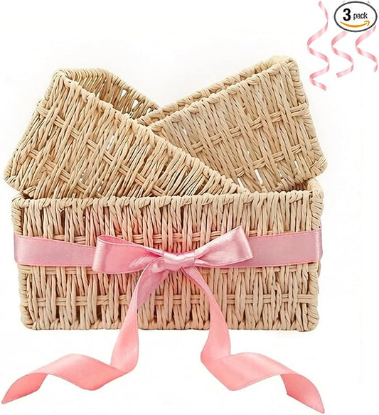 Small Wicker Basket 3-Piece Set: Handwoven Natural Paper Rope Storage Baskets for Organization, Storage, and Home Decor (With a ribbon)
