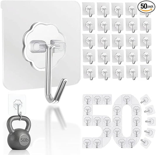 DDMY Hooks for Hanging, 50 Pack Wall Hooks 50lb(Max) Transparent Reusable Waterproof Adhesive Hook for Kitchen Curtain, Towel Hook for Bathrooms, Heavy Duty Self Coat Hook for Walls No Damage