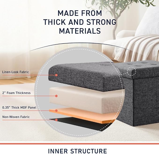 Ornavo Home 15 Inch Folding Storage Ottoman Cube, Tufted Linen, Dark Gray | Upholstered Cube with Lid; Foot Rest Stool; Ideal for Bedroom, Living Room or Entryway