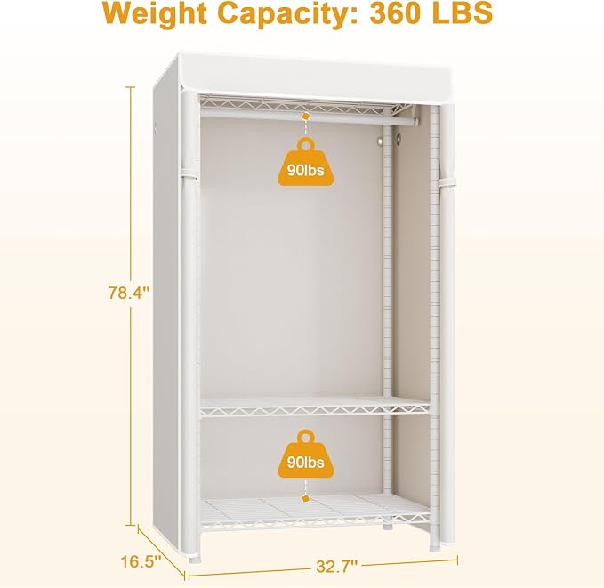 H5C Clothes Rack with Cover, Covered Clothing Rack Heavy Duty | Garment Rack with Shelves, 3-Tier Portable Closets for Hanging Clothes, Max Load 360LBS, White Closet Racks with White Cover