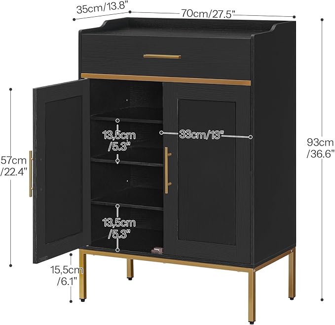 HOOBRO Shoe Cabinet with Doors and Drawer, Holds 12–18 Pairs, Large Capacity Shoe Storage Cabinet with Adjustable Shelves, Freestanding Wooden Shoe Organizer for Entryway, Black DB14SC01