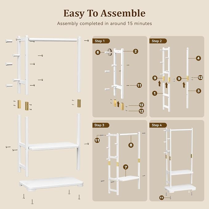 Solid Wood Clothes Rack with 2 Shelves & 4 Hooks for Hanging Clothes Garment Wallets Hats, White Clothing Rack Heavy Duty Coat Rack Freestanding with Storage Hall Tree for Hallway Bedroom Living Room | Hallway bedroom living room, durable wood construc...