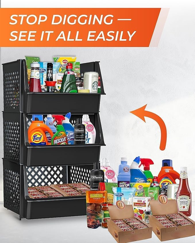 Large Stackable Storage Bins Open Front for Pantry Storage, 6 Pack - Black | Sturdy Plastic, Easy Stacking, Open Front Access, Ventilated Sides, Vertical & Space Saving Pantry Organizers and Storage Bin