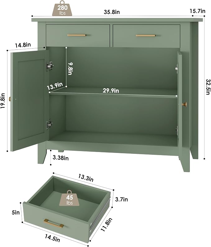 HORSTORS Farmhouse Kitchen Storage Cabinet, Small Buffet, Coffee Bar, Green | Buffet Sideboard with 2 Drawers & 2 Doors, 35.8"W Coffee Table, Sapce-saving Kitchen Cabinet for Dining Living Room, Entryway
