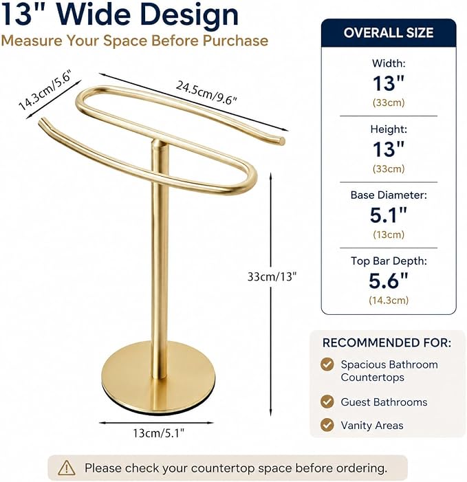Brusehd Light Gold Hand Towel Holder Stand,13 Inch Free-Standing Towel Rack, SUS304 Stainless Steel Towel Bar Rack Stand, Tower Bar for Bathroom Kitchen Vanity Countertop