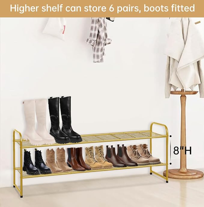 KEETDY 2-Tier Long Shoe Rack for Closet Metal Shoe Organizer for Entryway, Wide Stackable Shoe Storage Shelf with Sturdy Wire Grid for Closet Floor, Bedroom, Gold