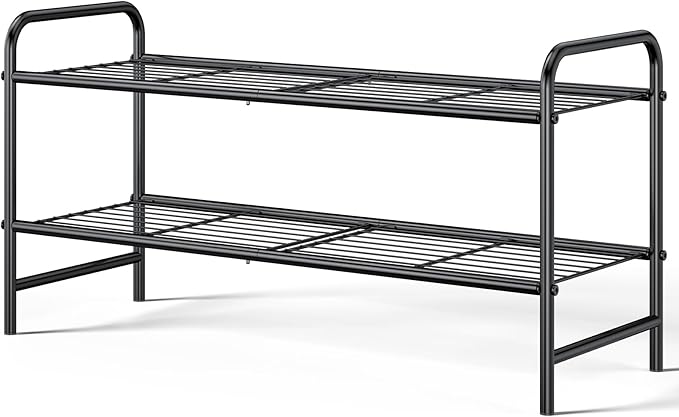 Kitsure Stainless Steel Shoe Rack Organizer, 25.6" Wide - 2 Tier, Black | Sturdy Shoe Rack for Closet and Entryway, Free Standing Shoe Shelf, Closet Organizers and Storage
