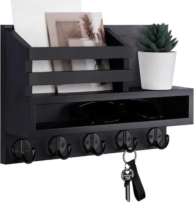 Key and Mail Holder Wall Mount, Key Hanger with Long Storage Box and 5 Hooks for Coat, Dog Leash, Home Decor Rack, House Accessories, Entry Way Organizer 11.8”W x 7.8”H x 3.2”D