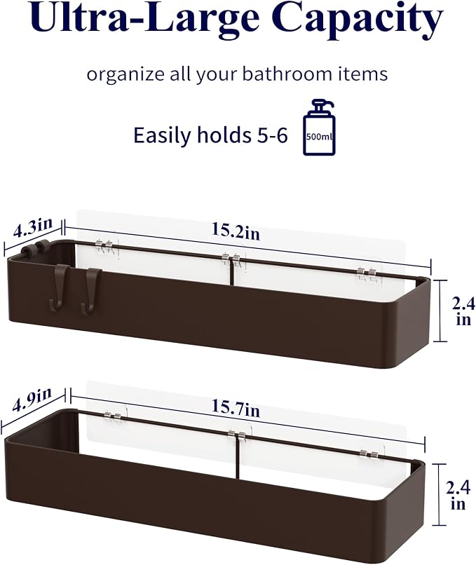 Kitsure Shower Caddy Adhesive, Stylish Shower Organizer, XX-Large, Brown | 2 Pack Shower Shelf for Inside Shower, 100% Rustproof Metal Shelves, No-Drill Bathroom Organizers and Storage