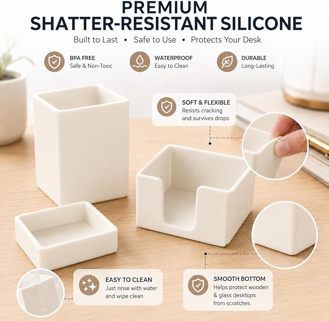 minimaliving Aesthetic Silicone Desk Organizer Set of 3,Modern Office Desk Accessories with Pen Holder,Paperclip Tray,Sticky Note Holder,Stylish Functional Office Desk Decor for Back-to-school(Beige)