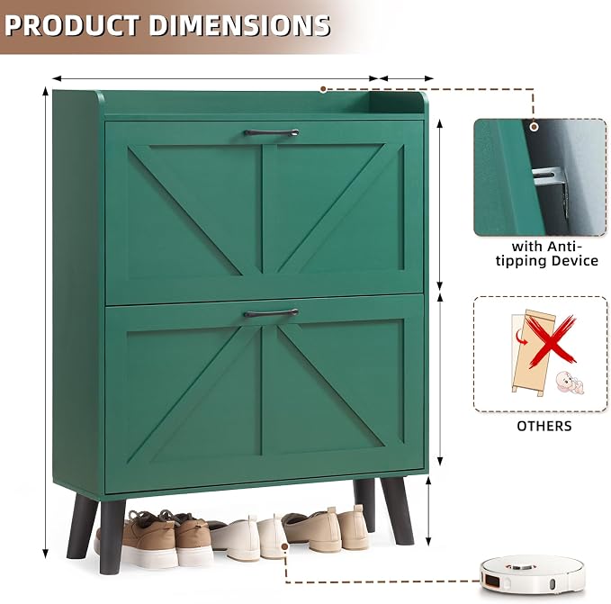 LEYAOYAO Shoe Cabinet Storage for Entryway with 2 Flip Drawers Rack Narrow Organizer Slim Hidden Wood Shoe Cabinet Furniture Green