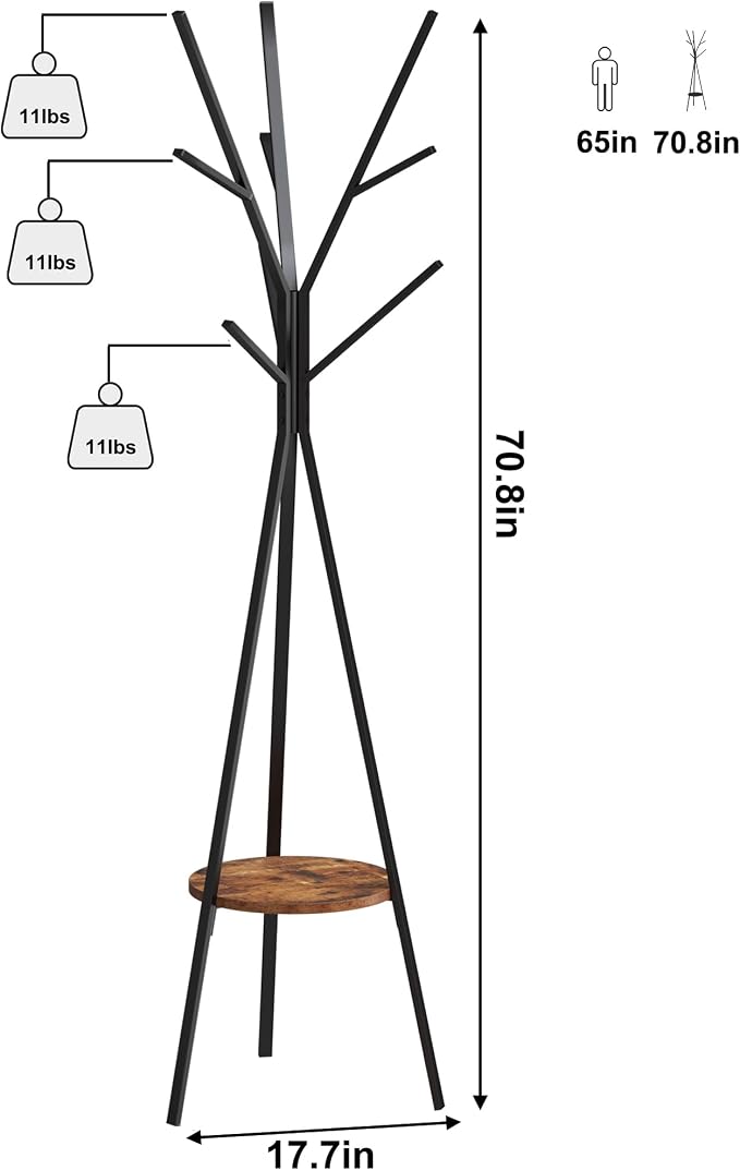 HOME BI Coat Rack, Coat Hanger Stand with Shelves, Freestanding Hall Tree, Metal Hat Hanger with 9 Hooks for Clothes Hats and Scarves, Black and Rustic Brown(Black+Rustic Brown)
