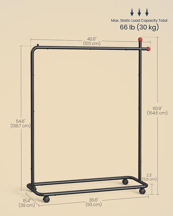 SONGMICS HOME Clothes Rack, Clothing Rack on Wheels, Portable Garment Rack, with 1 Clothes Hanging Rail, Matchstick-Shaped Hooks, Ink Black UHSR170B01