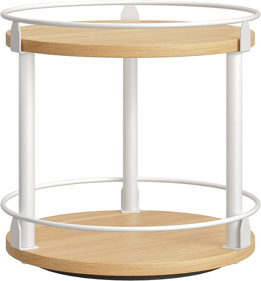 YATINEY Lazy Susan Organizer, Rotating Spice Rack, 2 Tier Spice Turntable Organizer, Industrial Turntable Spice Holder, for Kitchen Countertop, Compact and Versatile, White and Natural SR22WN