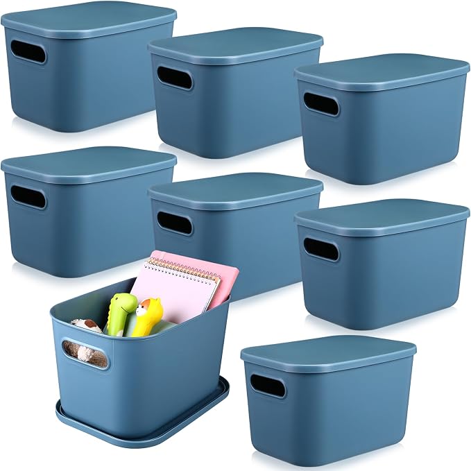 8 Pieces Colorful Storage Bins with Lid, Plastic Storage Basket Organizing Container Stackable Box with Handle for Shelves Desktop Playroom Office(10.2 x 7 x 6.3 Inch,Blue)
