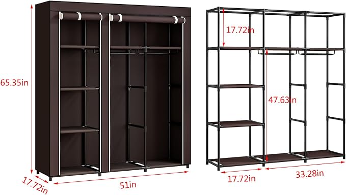 SORCEDAS Portable Closet Wardrobe with Hanging Rods Shelves Clothes Storage | 51 Inch Closet Organizers and Storage with Non-Fabric Cover,Freestanding Clothes Closet for Bedroom,dorm,Storage Rooms Coffee