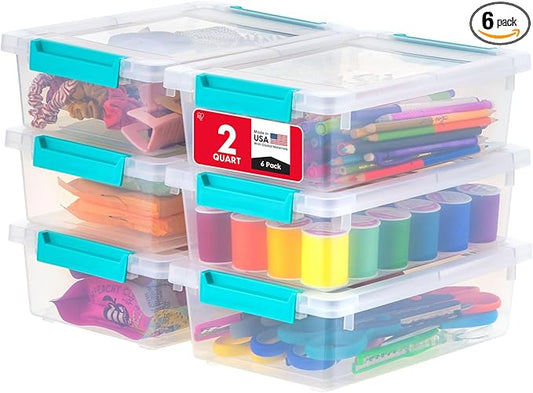 IRIS USA Storage Bins with Lids |Made in USA| 2 Qt - (6-Pack) - Clear | Sensory Craft Organizers, Plastic Clip Box Totes, Flat Containers for Organizing Paper, Office, Art & Study Supplies