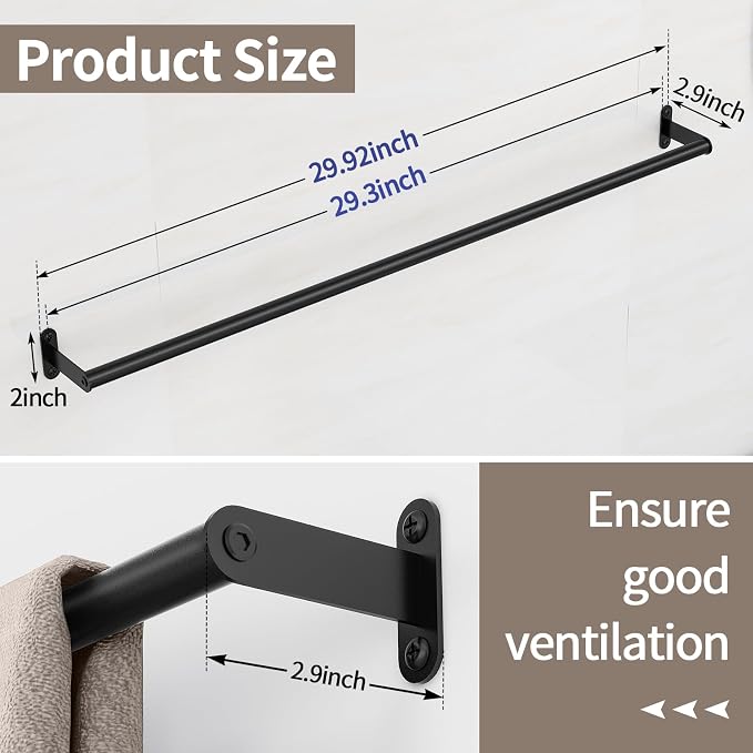 JUYSON Towel Bar for Bathroom, 30 Inch Single Towel Rack, Matte Black | Stainless Steel, Wall Mounted, Rust Resistant, Modern Design, Easy Installation