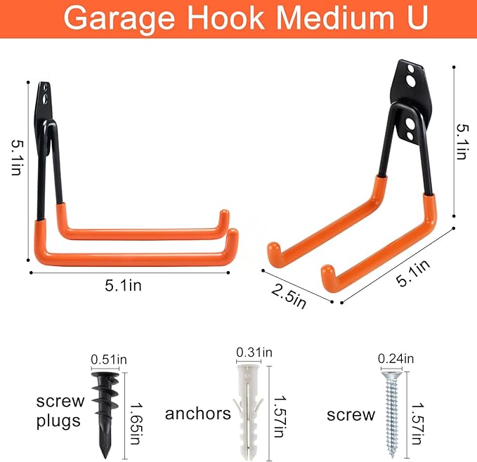 AOBEN Garage Hooks Heavy Duty, Steel Garage Storage Hooks, Utility Tool Hangers and Combinable Wall Mount Garage Hooks for Organizing Ladder, Hold Chairs, Heavy Tools (Medium U, 4 Pack)