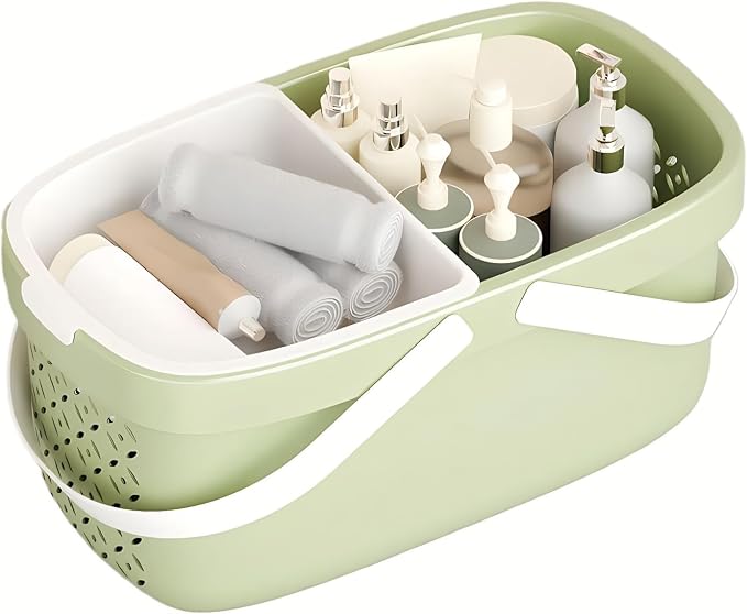 Pulseplay Plastic Organizer Storage Basket with Handles Portable Large Capacity Shower Caddy Basket with Drainage Holes for Bathroom Living Room College Dorm Room (Green)