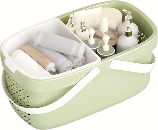 Pulseplay Plastic Organizer Storage Basket with Handles Portable Large Capacity Shower Caddy Basket with Drainage Holes for Bathroom Living Room College Dorm Room (Green)