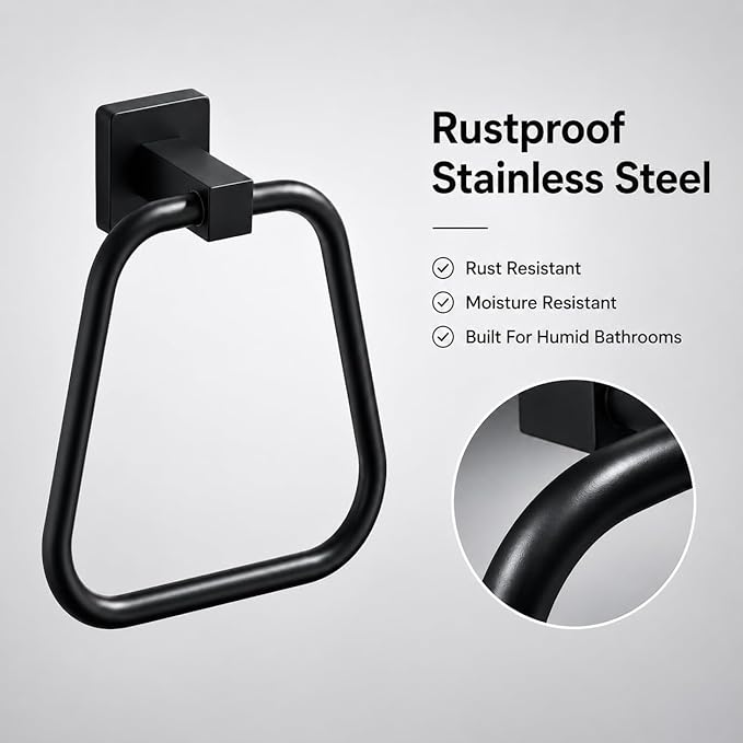 Matte Black Towel Ring for Bathroom, Kitchen Bath Towel Holder Hangers Wall Mount Heavy Duty Stainless Steel