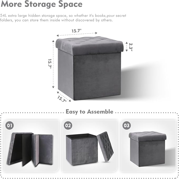 B FSOBEIIALEO Storage Ottoman Cube, Velvet Tufted Folding Ottomans with Lid, Footstool Rest Padded Seat for Bedroom (Grey, Medium)