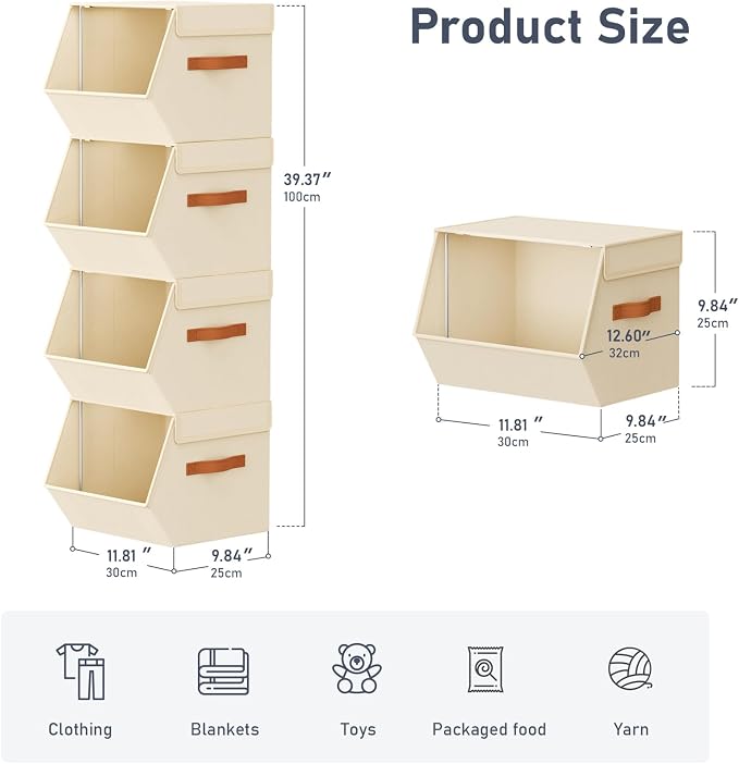 Stackable Closet Organizers and Storage Bins, Open Front Closet Shelf Organizer System With Steel Frame, Clothes Storage Basket Fabric, Collapsible Closet Drawers for Wardrobe, Nursery ,Toy, 6 Pack