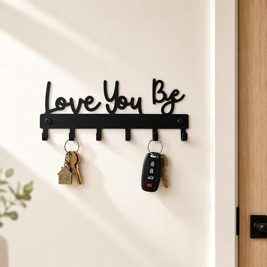 Love You Bye Sign Key Holder Hook Wall Mounted Key Holder Rack Organizer Hanger with 6 Hooks for Wall Express Love Art Decor for Entryway Front Door Kitchen Hallway Office (Love You Bye)
