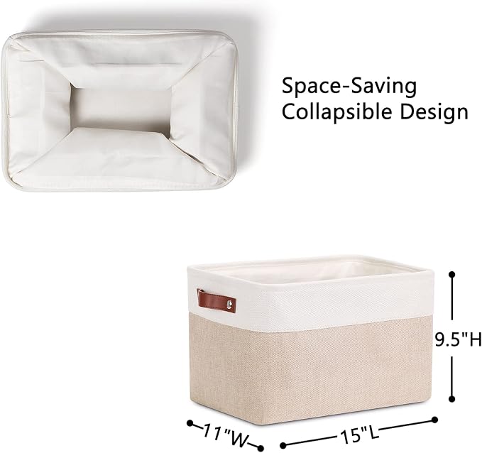 DULLEMELO Fabric Storage Bins, Storage Baskets for Organizing, Collapsible Rectangular Fabric Baskets for Shelves, Empty Gift Baskets (3-Pack Medium-15 inch X 11 inch X 9.5 inch , White&Khaki)